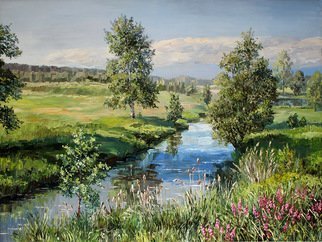 Artemis  Artists Association; Landscape With A River, 2015, Original Painting Oil, 80 x 60 cm. Artwork description: 241 birch, forest, trees, flowers, meadow, field, shore, summer, air, sun, space...