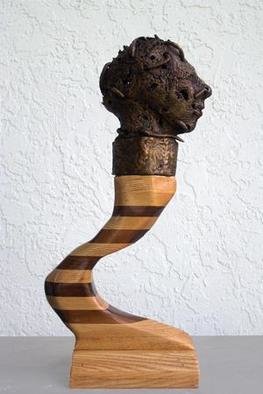 Stephanie Grimes; Protoaddiction, 2005, Original Sculpture Mixed, 9 x 23 inches. Artwork description: 241 The bronze head of this award winning sculpture sits on a two- toned, curved wooden 