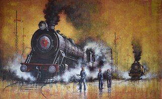 Kishore Pratim Biswas; Steam Locomotives 35, 2023, Original Painting Acrylic, 62 x 38 inches. Artwork description: 241 At that time, I was around 5 to 6 years old.  I lived in a place where locomotives travel around.  And I was always running out to watch them and loved to sketch them.  This was my old memory of childhood.  I try to recall those memories ...