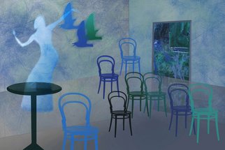 Marlies Odehnal; Dancing Chairs, 2009, Original Digital Art, 90 x 60 cm. Artwork description: 241   dancer, dancing, modern dance, chairs, green, blue, collage  ...
