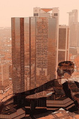 Marlies Odehnal; Girl In Front Of A Skyscraper, 2012, Original Digital Art, 60 x 90 cm. Artwork description: 241     Skyscraper, Frankfurt, Germany, girl, Deutsche Bank, cross- fade, building  ...