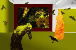 Marlies Odehnal; Medea, 2012, Original Digital Art, 90 x 60 cm. Artwork description: 241  Medea, Greek mythology, shocked, birds, yellow, green, orange ...