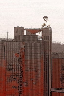 Marlies Odehnal; Reading On The Tower, 2012, Original Digital Art, 60 x 90 cm. Artwork description: 241        skyscraper, Frankfurt, Germany, couple,  Deutsche Bank, cross- fade, building, reader    ...