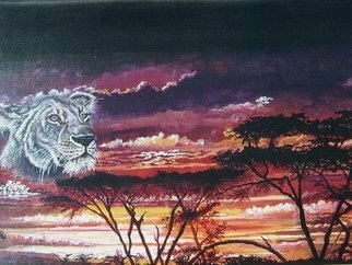 Judith Smith Wilson, 'The Ghost And The Darkness', 1992, original Watercolor, 11 x 14  x 1 inches. Artwork description: 1911  Lioness depected as the Ghost and the Darkness, with an African Sunset. Original $l, 800. 00.  Open Edition Prints available $45. 00. ...