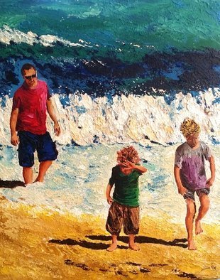 Eli Gross; Child Is Scared Of The Water  , 2016, Original Painting Acrylic, 50 x 40 cm. Artwork description: 241  Jordan and Daniel at Auckland seashopre ...