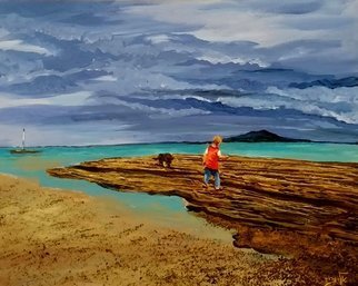 Eli Gross; The Child Is Wandering, 2017, Original Painting Acrylic, 50 x 40 cm. Artwork description: 241 The child is wandering with his dog on the beach. The sky are like an hungry dog, with stormy clouds, giant and grey -  Acrylic...