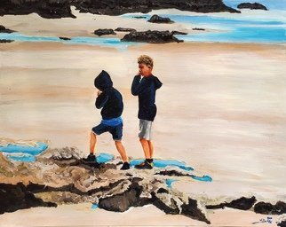 Eli Gross; Watching A Seagull Floating, 2017, Original Painting Acrylic, 40 x 50 cm. Artwork description: 241 Children, seashore, seagull, landscape...