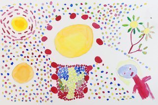Palle Adamos Finn Jensen; Christ, 2021, Original Watercolor, 45 x 30 cm. Artwork description: 241 dots of colors. Sun and Christ. Naivistic figure...
