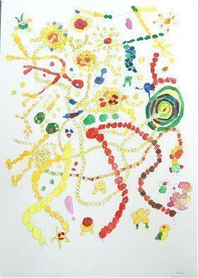 Palle Adamos Finn Jensen; Fantasy Universe, 2021, Original Watercolor, 30 x 45 cm. Artwork description: 241 Bobles creating lines of pearls in yellow, red, blue and green. Its made as a mandala ...