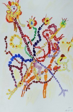 Palle Adamos Finn Jensen; Flowerpower, 2021, Original Watercolor, 30 x 45 cm. Artwork description: 241 fantasy drawing of dancing figures of color pearls...