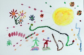 Palle Adamos Finn Jensen; Life, 2021, Original Watercolor, 45 x 30 cm. Artwork description: 241 naivistic fantasy drawing. watercolor. The sun is shining. happy man and wife balancing in cosmos...