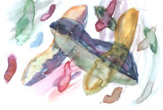 Palle Adamos Finn Jensen; Lips4, 2021, Original Watercolor, 45 x 30 cm. Artwork description: 241 Watercolor of creatures with the shape of lips are shwirling around in a dark atmosphere...