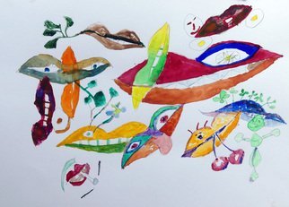 Palle Adamos Finn Jensen; Lips 1, 2021, Original Watercolor, 42 x 30 cm. Artwork description: 241 Playfull happy drawing. Female lips are moving around in a universe of playfulness. Bright prismatic colors. A smiling picture...