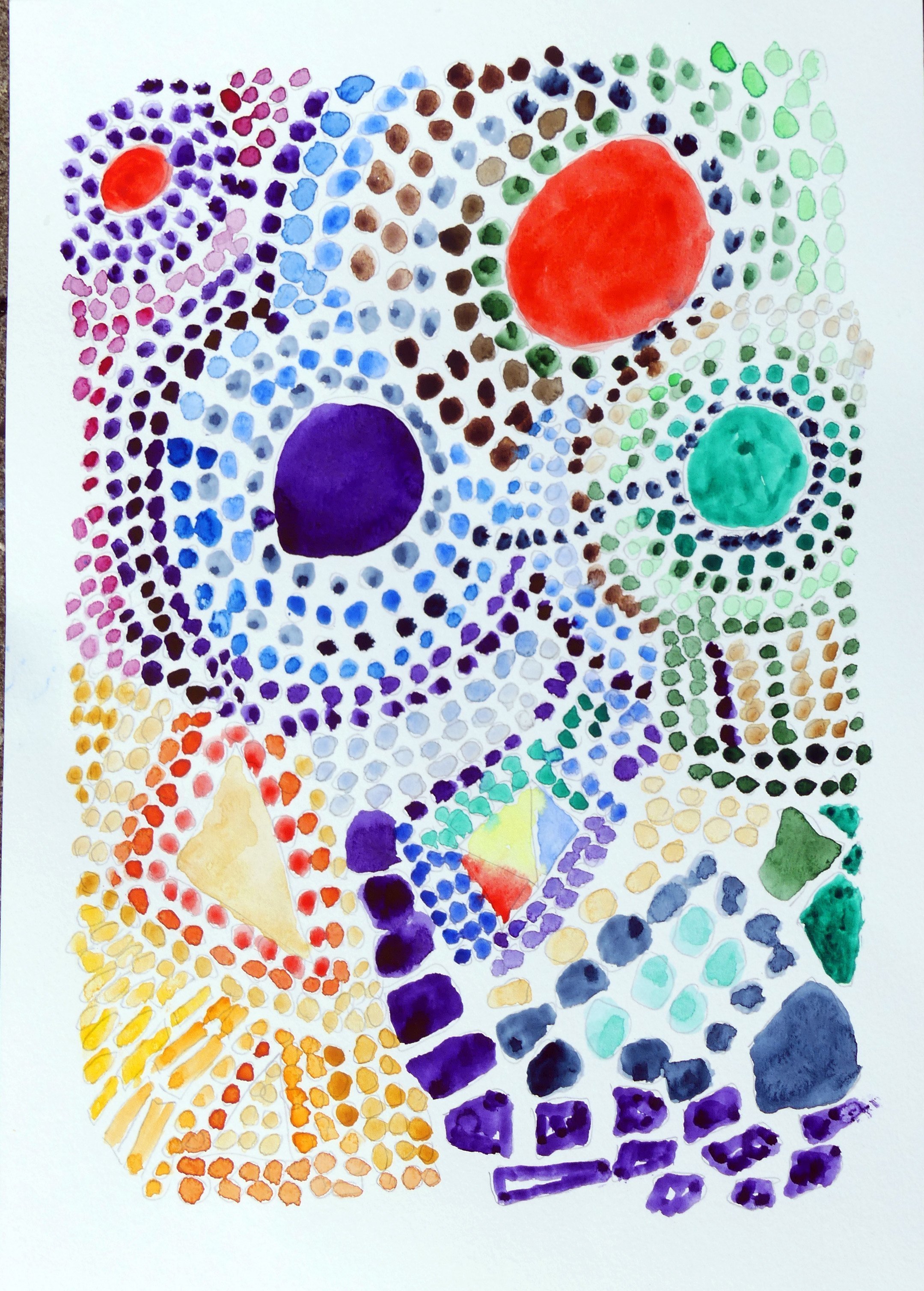 Palle Adamos Finn Jensen; Tunnels Of Light 4, 2021, Original Watercolor, 30 x 45 cm. Artwork description: 241 universes of colors, made og small cirkles of light. Blue, Green OrangeUltraq Marine colors...