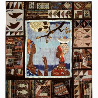 Irina Fomina; The Gossips, 2006, Original Fiber, 95 x 107 cm. Artwork description: 241   Original African motives are used in this quilt: the central part of the picture with two chatting ladies is similar to the ancient drawing that was discovered in Kenya. Simple but fascinating African ornaments, applique work, various decorative stitches, glassbeading etc make the picture look interesting and ...