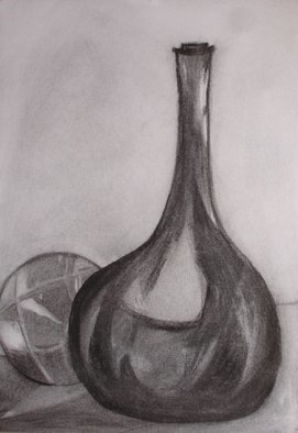 Roger Cummiskey; Bottle And Sphere, 2008, Original Drawing Charcoal, 32.5 x 46 cm. Artwork description: 241  Original charcoal drawing completed May 2008. ...