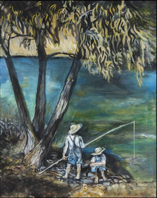 Sue Conditt; Fishing, 2014, Original Painting Acrylic, 16 x 20 inches. Artwork description: 241  Huck finn, fishing hole, bamboo fishing pole, summertime         ...