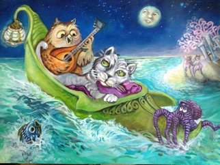 Sue Conditt; The Owl And The Pussycat ..., 2014, Original Painting Acrylic, 16 x 12 inches. Artwork description: 241  Nursery rhymes, owl, kitty, cat, sea, fantasy...