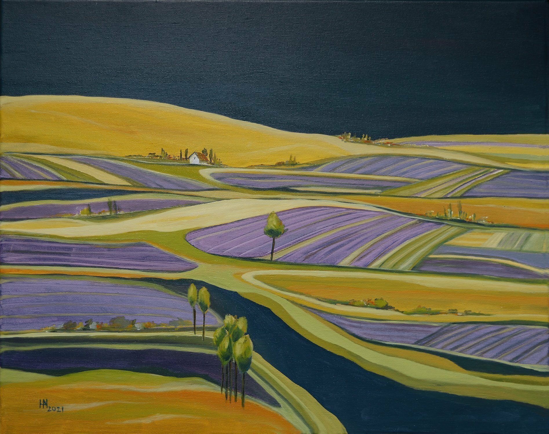 Aniko Hencz; The Lavender Farm, 2021, Original Painting Other, 20 x 16 inches. Artwork description: 241 Original semi- abstract painting with a house on a lavender farm.  It is an imaginary rural landscape with trees, purple lavender flowers yellow and green fields surrounding the house.  The artwork is made with oil on canvas, it is signed in front+backand accompanied with a certificate ...