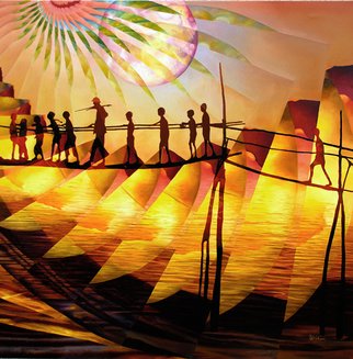 Ulrich Weidmann; The Hike, 2008, Original Painting Oil, 100 x 100 cm. Artwork description: 241 People crossing a bridge in a dreamscape at sunset. Surrealistic impression of the endlessness of being and time. Colors white, light blue, purple, yellow, red.  ...