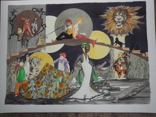 Rhoda Taylor; Expect The Unexpected, 2015, Original Painting Ink, 22 x 30 inches. Artwork description: 241      Detailed pen work and colour gouache.  Cats/ dogs/ animals and clowns, flowers abound and people mischievous.       ...