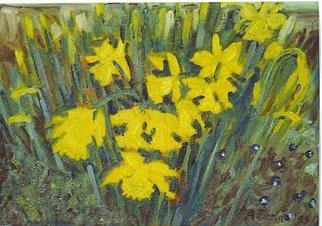 Aurelio Zerla; Daffodils, 2004, Original Painting Oil, 10 x 8 inches. Artwork description: 241 Narcissus flowers in front of my home.  Here I enjoyed sitting on the ground to capture the sense of closeness to these flowers and their intense color. ...