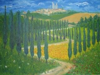 Aurelio Zerla; San Gimignano Fantasy, 2004, Original Painting Oil, 18 x 14 inches. Artwork description: 241 Fantasy rendition of the way up to San Gimignano, Tuscany. ...