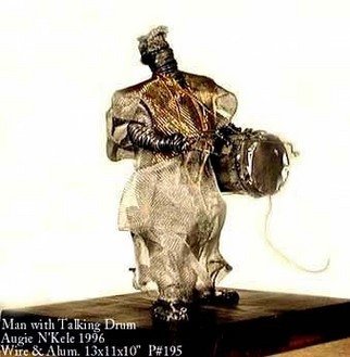 Augie Nkele; Man With Talking Drum, 2007, Original Sculpture Mixed, 11 x 13 inches. Artwork description: 241  Gutter Guard, Galvanized Wire, Window Screen, Aluminum ...
