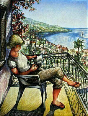 Austen Pinkerton, 'Hilary At Kalkan', 2010, original Painting Acrylic, 12 x 16  x 1 cm. Artwork description: 4518  Image of Hilary, sitting reading, on a balcony with wrought iron railings, with flowers behind her head, and, in the background, a view of the town and across the bay. ...