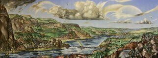 Austen Pinkerton, 'THE RIVER', 2008, original Painting Acrylic, 196 x 74  x 3 cm. Artwork description: 3828   LANDSCAPE RIVER SEA WATER RAINBOW CLOUDS STORM SHIPPING FLOOD CLIMATE CHANGE  ...