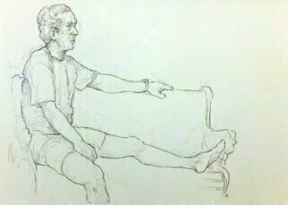 Austen Pinkerton; Indigo On Garden Bench, 2021, Original Drawing Pencil, 48 x 24 cm. Artwork description: 241 Sketch of artist model Indigo Latto in garden at my home in South West Wales...