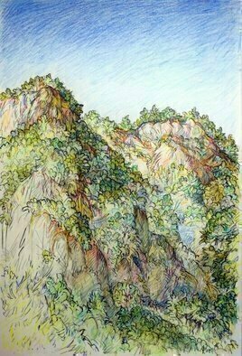 Austen Pinkerton, 'River Cliffs At Dalyan', 2019, original Drawing Crayon, 21 x 30  x 1 cm. Artwork description: 1758 Here s the second larger work from our Turkey holiday.  River Cliffs at Dalyan , 21 x 30 cm, Aquarelle Crayon  partly used as wash , and Ink. The river cliffs overlook the hotel, and change colour throughout the day. ...