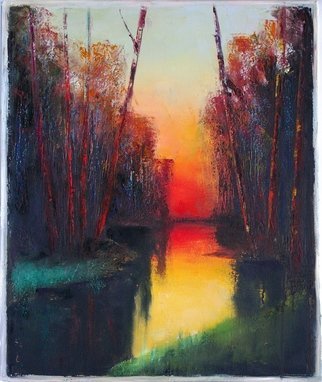 Nataliia Bahatska; Sunset, 2017, Original Painting Oil, 50 x 60 cm. Artwork description: 241  Original painting, Oil, Figurative Art, Impressionism, Classicism, Realism, Fabric, Cotton, Canvas, Botanic, Water, Seasons, Tree, Places, water, trees, forest, lake, sunset, red, green, sky ...