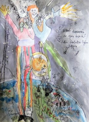 Barb Mann; Going Up, 2014, Original Watercolor, 15 x 18 inches. Artwork description: 241  A ride into the Universe, humor, bright colors ...