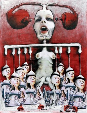 Barbara Rapp; Gluttony, 2010, Original Mixed Media, 68 x 85 cm. Artwork description: 241  Gluttony interpreted as disease of our civilization, turning back to anorexia.Children in the Third World countries are exploited; they are forced to rectify our physical and social constipation, while force- feeded party- girls are dreaming of big fat silicone- tits  Collage/ Acryl ca. 85 x 68 ...