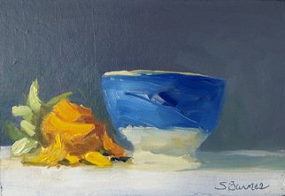 Susan Barnes; Sunflower With Blue Cup, 2008, Original Painting Oil, 7.5 x 5.3 inches. Artwork description: 241  Oil on mat board, 5. 25 x 7. 5 inches ...
