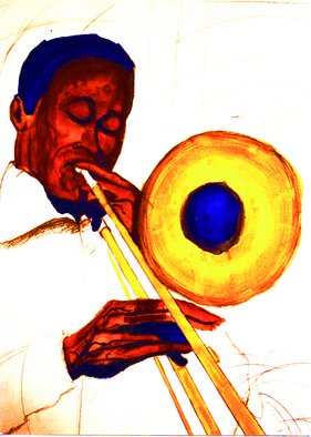Barry Boobis; Trombone Painting Artwork, 2011, Original Watercolor, 30 x 40 inches. Artwork description: 241  The trombone shimmers golden yellow in this watercolor interpretation of the Big Band Sound!                                              ...