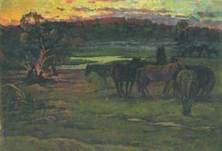 Sergey Belikov; At The Dawn, 1981, Original Painting Oil, 92 x 63 cm. Artwork description: 241 Original oil painting on canvas, landscape in impressionistic style with the view of summer dawn and horses on the meadow...