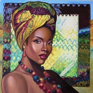 Svetlana Belova; Gold Of Africa 4, 2020, Original Painting Oil, 45 x 45 cm. Artwork description: 241 Portrait of a beautiful dark- skinned woman in a turban on an abstract background in the author s ethno- house style...