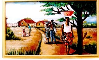 Benjamin Oppong -Danquah; AFTER HARD DAYS WORK, 2005, Original Collage, 90 x 60 cm. Artwork description: 241  Collage art depicting a farmer and wife returning from the farm after a hard days work. One can also see a woman carrying vegetables to the farm. ...