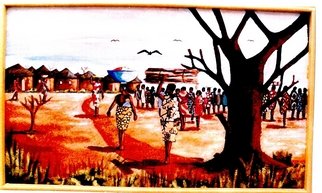 Benjamin Oppong -Danquah; BRIGHT AND SUNNY DAY, 2005, Original Collage, 90 x 60 cm. Artwork description: 241  This is collage depicting people in the northern part of Ghana enjoying the beautiful day arroun the market. It really show the culture in the northernpart of Ghana in the villages. This can also be produced in painting both acrylics and oils. ...