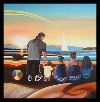 Phil Mokaraka Berry; Whanau Family, 2005, Original Painting Acrylic, 41 x 41 cm. Artwork description: 241 Painting of myself and family, watching the sunrise at Muriwai, Tairawhiti, New Zealand. ...