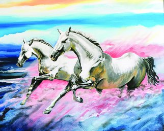 Phil Mokaraka Berry; Horses At Sunset, 2016, Original Painting Acrylic, 40 x 30 inches. Artwork description: 241 Horses galloping in the clouds. ...
