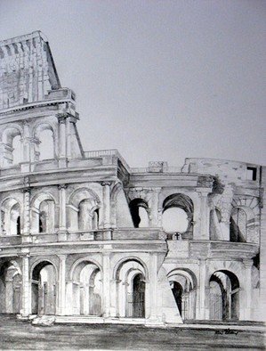 Ron Berry; Colosseum, 2009, Original Drawing Pencil, 16 x 20 inches. Artwork description: 241  A pencil rendering of the Roman Colosseum, an ancient amphitheater in Rome begun by Vespasian, circa AD 70. ...