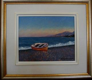 Bessie Papazafiriou; A Boat Named Sophia, 2000, Original Painting Oil, 16 x 14 inches. Artwork description: 241      I found this boat during an early evening stroll along a beach in Nikolaika, Greece.  The name Sophia is written in Greek on its side.Comments:  Framed...