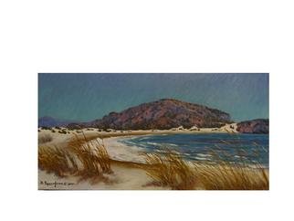 Bessie Papazafiriou; Beach Near Pylos, 2001, Original Painting Oil, 16 x 8 inches. Artwork description: 241      Beach Near Pylos depicts a beach in southern Greece....