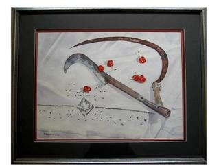 Bessie Papazafiriou, 'Cherries', 1985, original Watercolor, 32 x 26  x 1 inches. Artwork description: 1911      I had the opportunity to spend some time on a farm in Greece where I obtained a better understanding of farm life; the hard work, beauty, simplicity and closeness to nature.  In Cherries their crude farm tools are sprinkled with glistening cherries, symbolizing the fruit of their ...