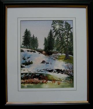 Bessie Papazafiriou; First Snow, 1999, Original Watercolor, 17 x 20 inches. Artwork description: 241  First Snow depicts a landscape located in the mounains near Pertouli, Greece.  The backlighting adds sparkle to the scenery and I love the way the vegetation adds contrast.  These elements combine to give this painting its fresh and luminous quality.CommentsFramed...