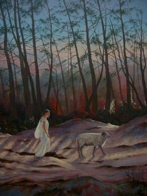 Bessie Papazafiriou; Selene And The White Ram, 2005, Original Painting Oil, 24 x 30 inches. Artwork description: 241 Selene, the moon- goddess, was loved by Pan, a pastoral god.  He transformed himself into a white ram and drew her into the woods....
