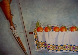 Bessie Papazafiriou; Tangerines, 1990, Original Watercolor, 26 x 18 inches. Artwork description: 241 I think of Tangerines as a still life of a day I shared with my father- in- law in Greece.  He liked to hunt and that day he took me with him. I remember the crisp mountain air, the blue sky, the swaying patches of shadow under ...